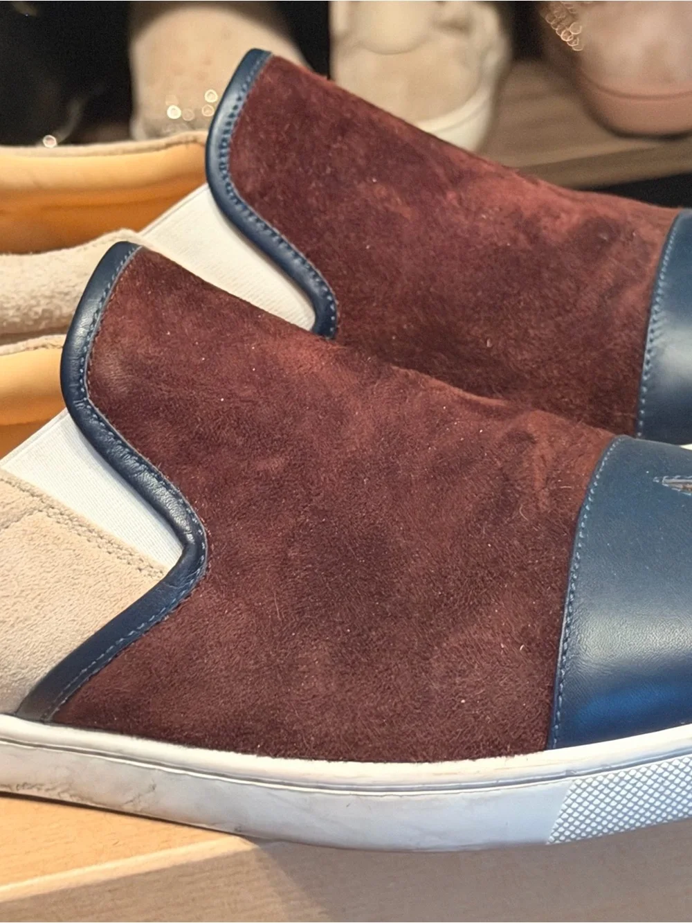 Christian Louboutin Brown Suede & Navy Leather Slip-On Sneakers with Star Accent